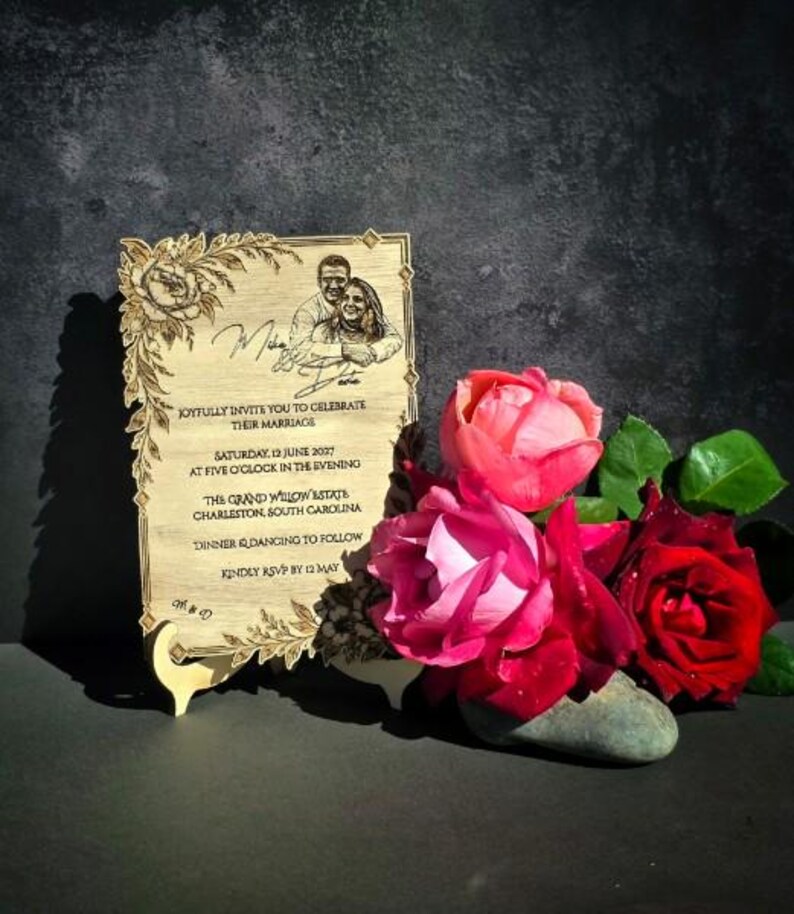 Engraved wooden wedding invitation with roses